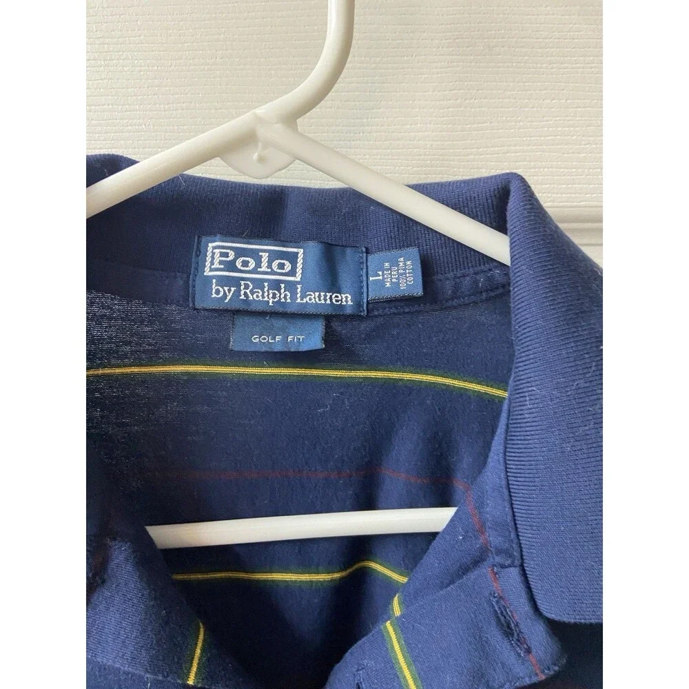 Polo Ralph Lauren Polo Shirt Mens Large Golf Fit Shirt Blue Striped Jersey Vtg